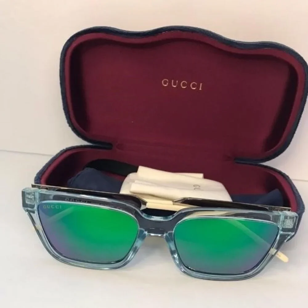 💯 - New - Authentic Gucci Light Blue/Metallic Gradient GG0975S Mirrored Squa…